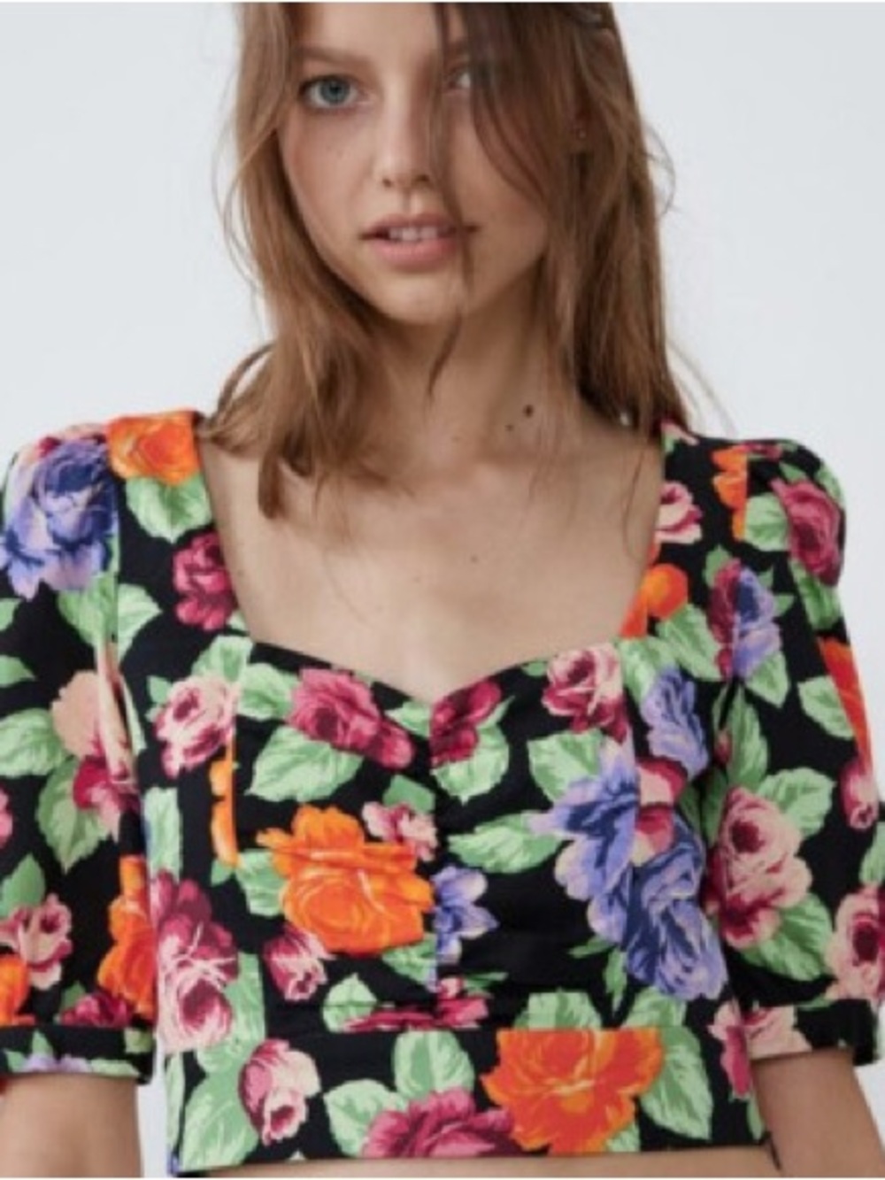 Zara Black Floral Puff-Sleeve Square Neck Crop Top - Small